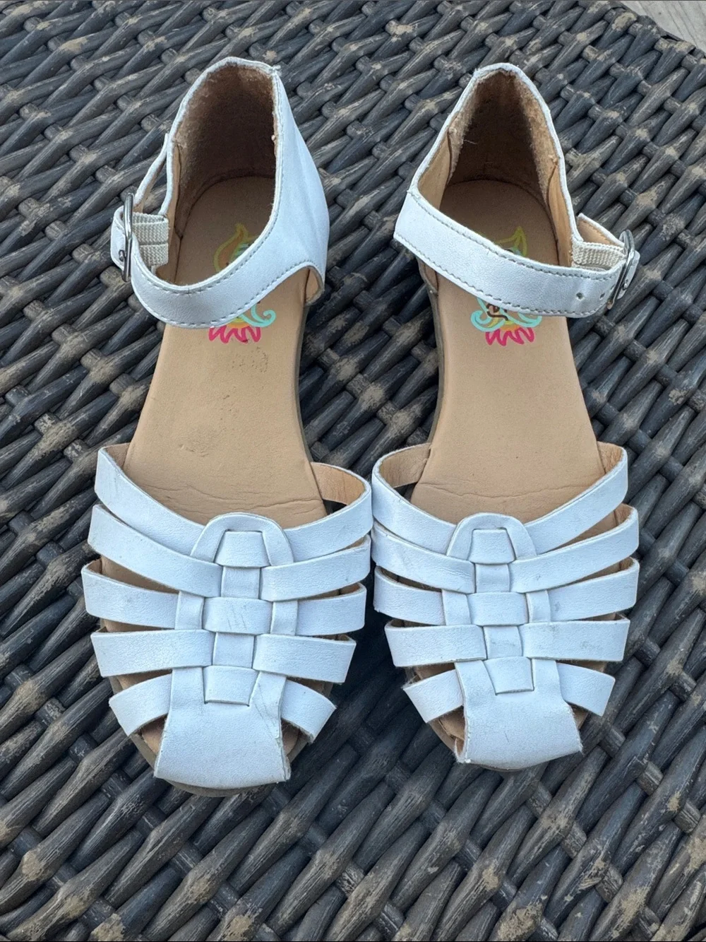 Rachel Shoes White Woven Strap Sandals with Ankle Buckle